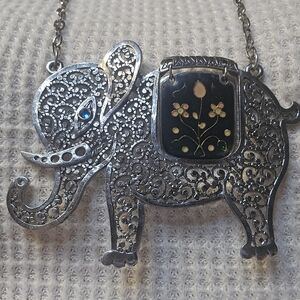 Gold Crown Inc Vintage Elephant Filigree and Enamel Necklace  Large  Silver Tone